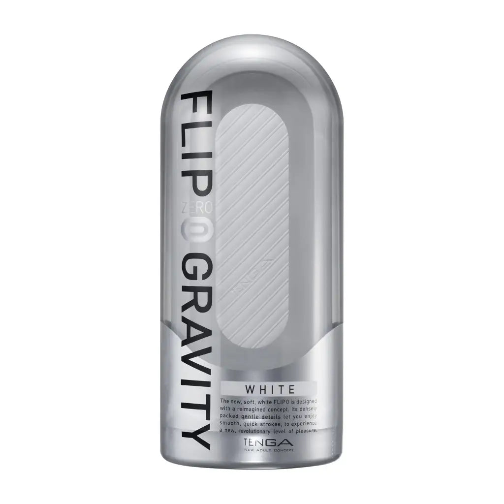 Silver cylindrical container labeled ’Flip Gravity White’ by Tenga for FLIP ZERO Gravity stroker