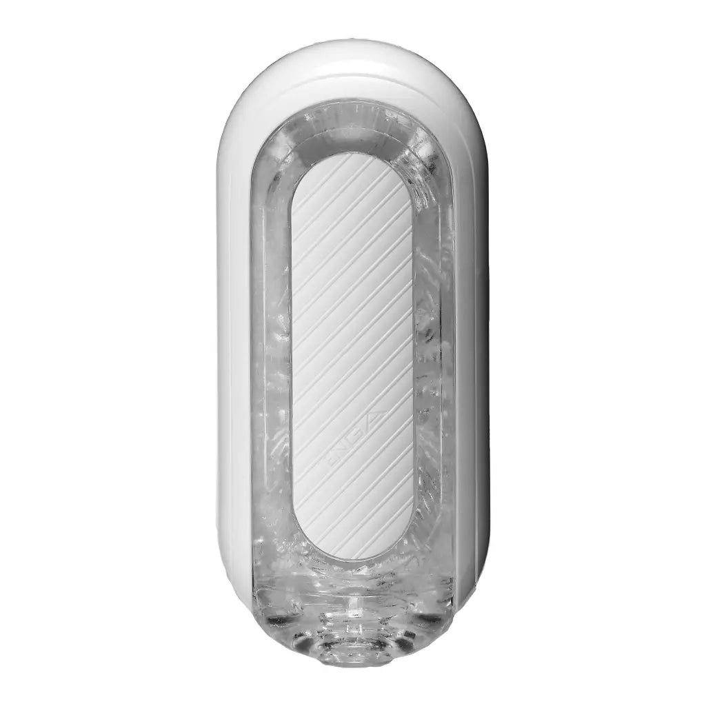 Elongated oval-shaped transparent TENGA FLIP ZERO Gravity white reusable manual stroker