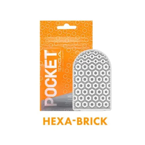 Hexagonal gray cleaning tool in orange packaging for Tenga Pocket Masturbator Sleeve Hexa Brick