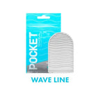 Exfoliating glove in blue box labeled ’POCKET’ and ’WAVE LINE’ for Tenga Pocket Masturbator Sleeve