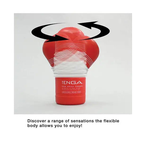 Tenga Rolling Head Cup with red liquid bottle marked by black arrow, innovative pleasure device