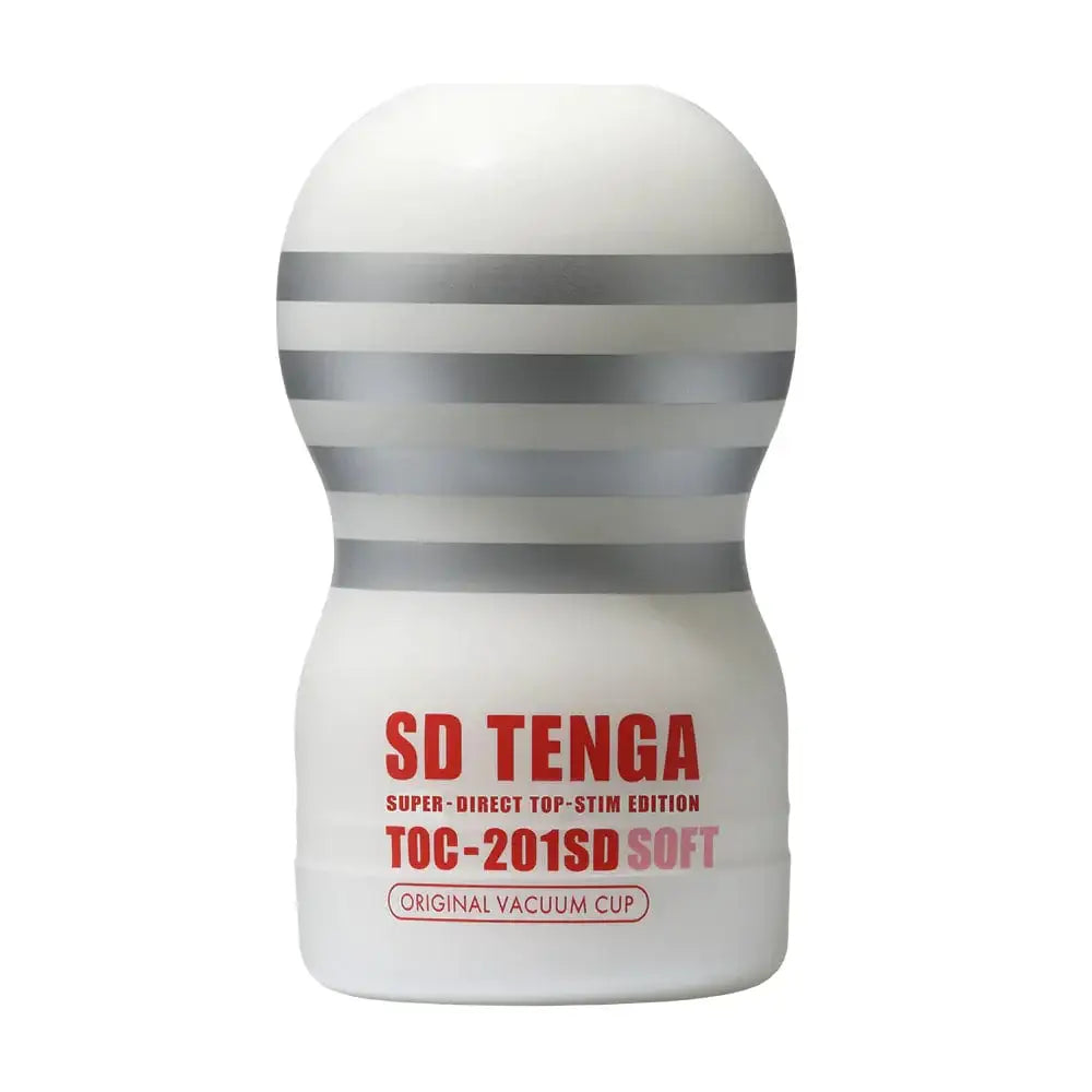 White and silver SD TENGA device in the Tenga SD Original Vacuum Cup packaging