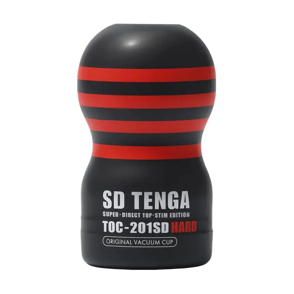 Black and red striped Tenga SD Original Vacuum Cup cylindrical device labeled ’SD TENGA’