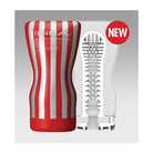 Tenga Soft Tube Cup: Red and white striped cylindrical device with labeled ’NEW’ and ’TENGA’