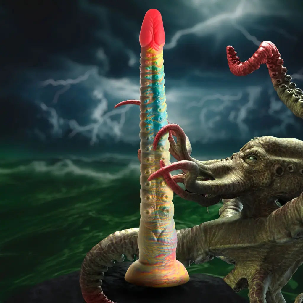 Colorful silicone tentacle dildo with elephant base and suction cup appendages