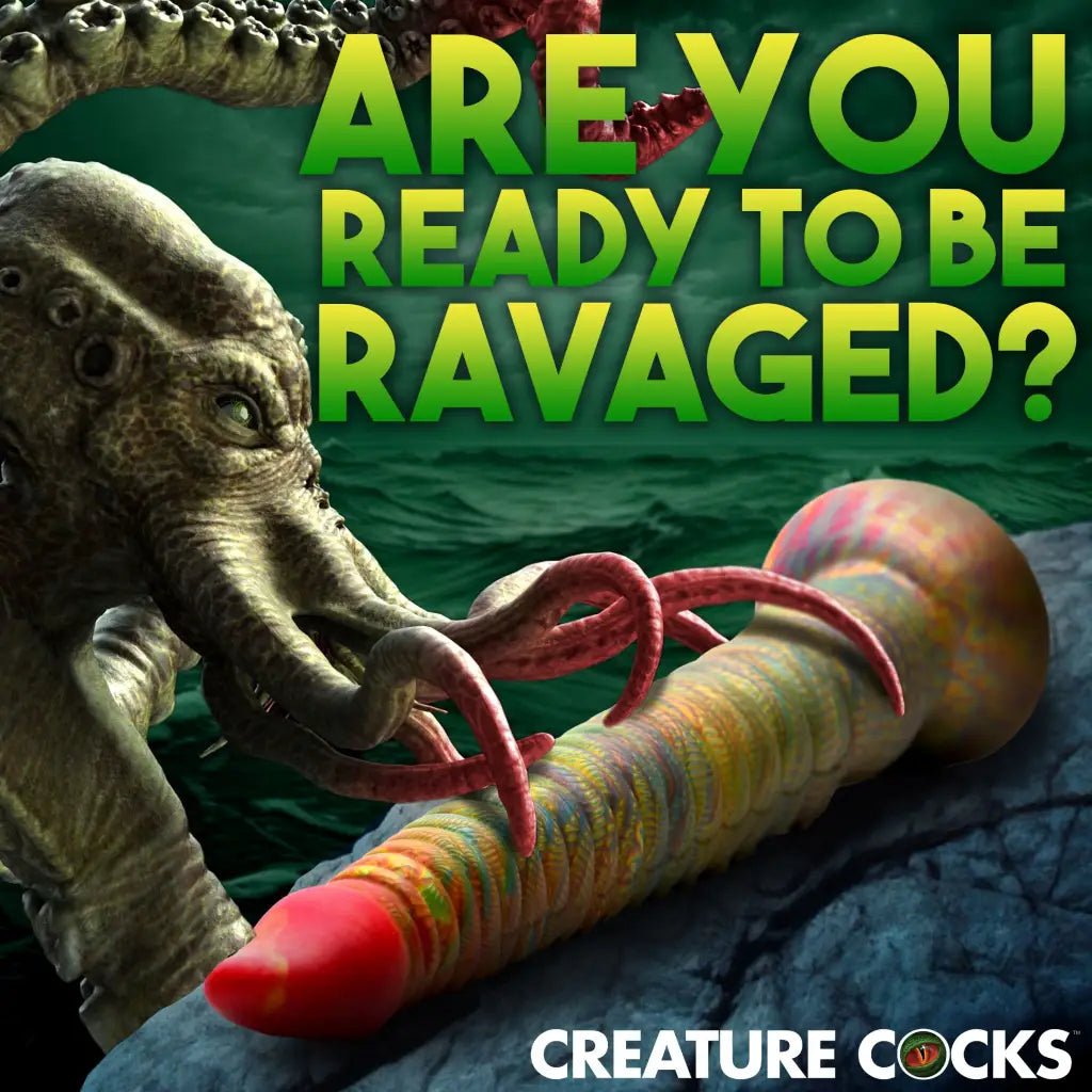 Fantastical tentacled sea creature grasping a silicone dildo with suction cup base