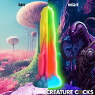 ’Creature Cocks Tenta-Glow Dildo with suction cup base in day and night scenes for fantasy roleplay.’