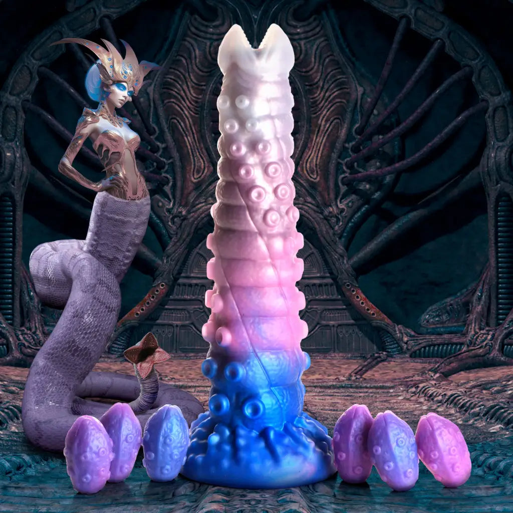 Creature Cocks Tenta-Queen: Textured blue-to-pink tentacle shaft with silicone eggs