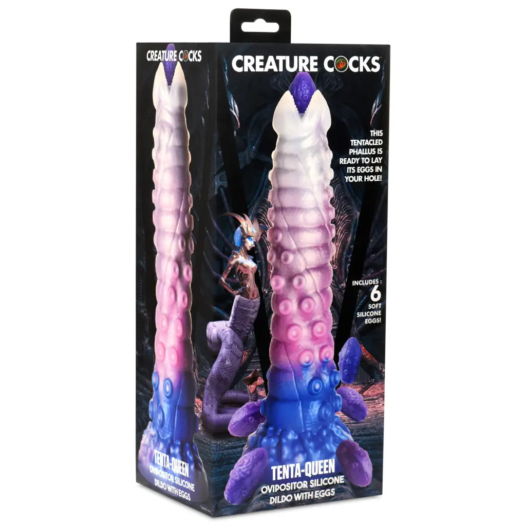 Fantastical tentacle shaft toy with gradient coloring in pink to blue with silicone eggs