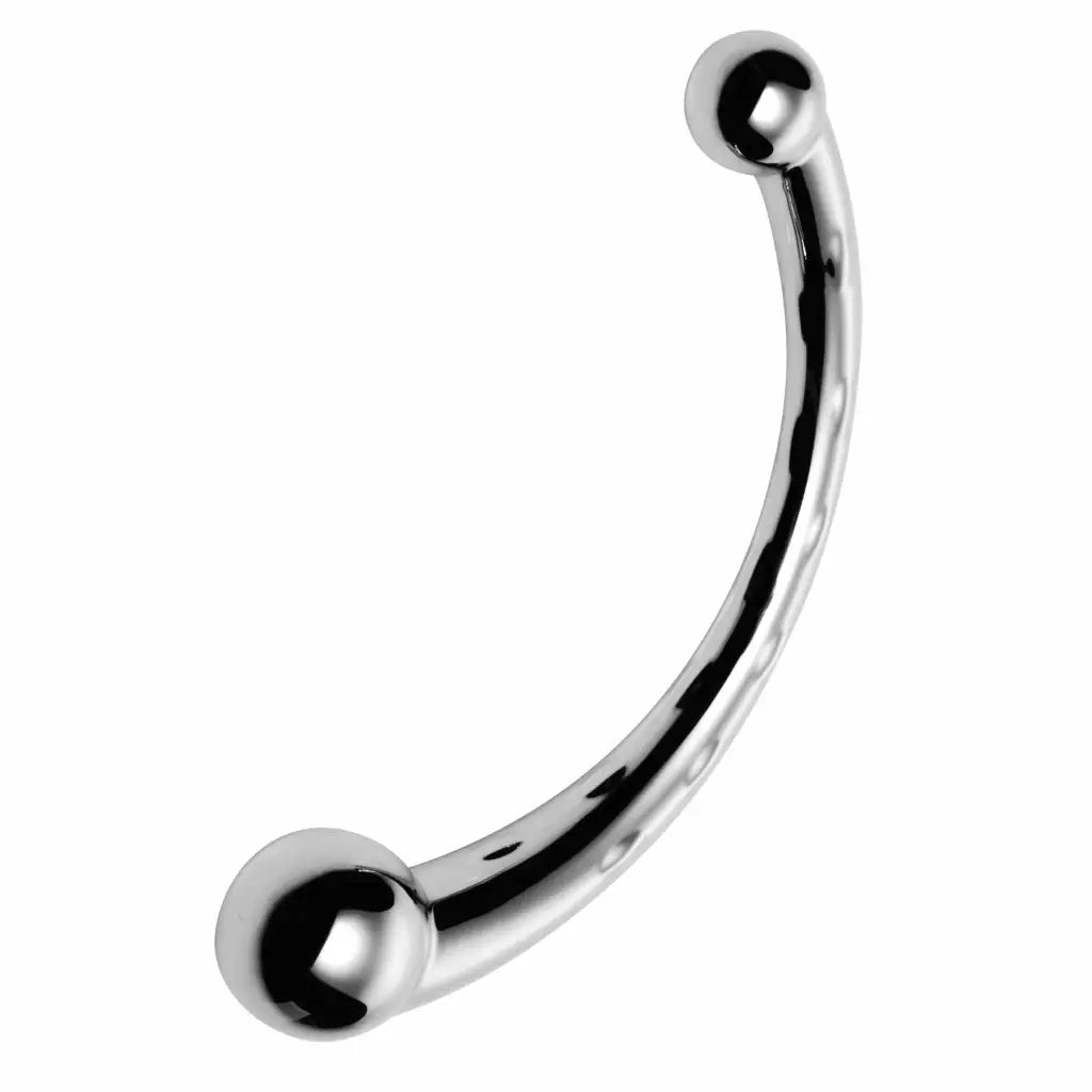 A black nose piercing with a ball, showcased by The Chrome Crescent Dual Ended Dildo