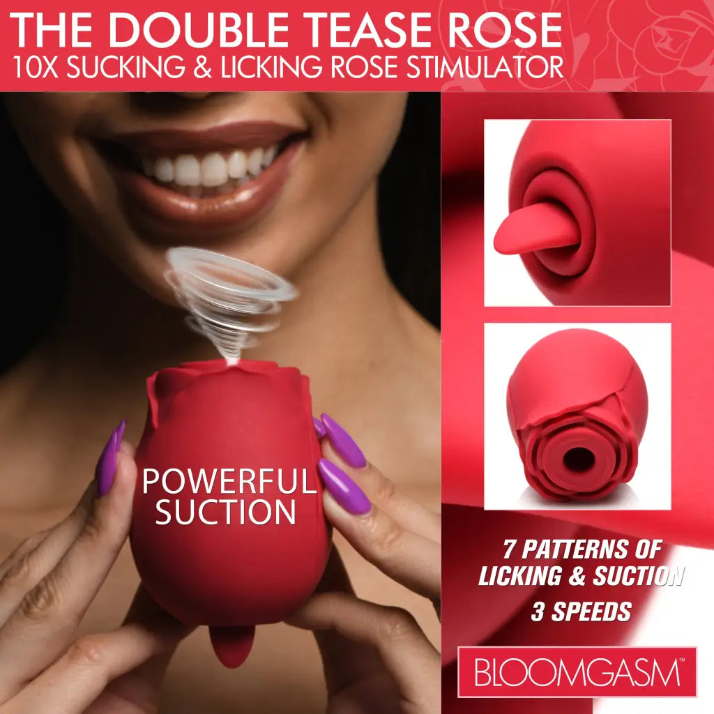 The Double Tease Rose 10x Sucking And Licking Silicone Stimulator - Red - Stimulators