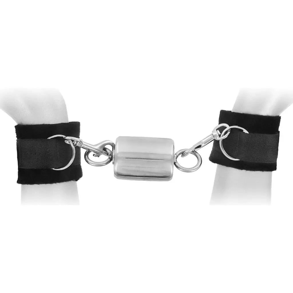 The Ice Warden self-bondage time lock: Black wrist cuffs with a metal chain and cylinder