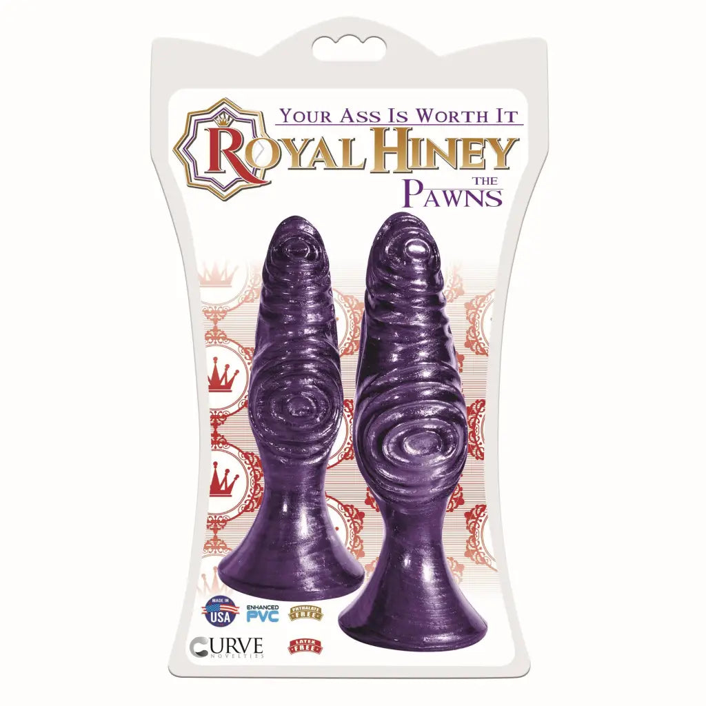 Two purple textured anal plugs in Royal Hiney packaging, The Pawns Anal Plug -purple