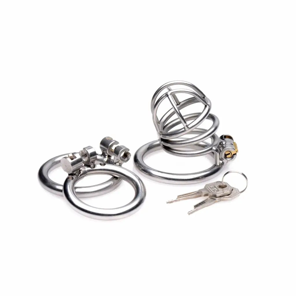 Three stainless steel rings with keys for The Pen Deluxe Locking Chastity Cage