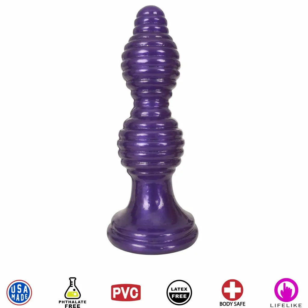 Purple ribbed silicone adult toy ’The Queen Ribbed Anal Plug &ndash’ with a flared base