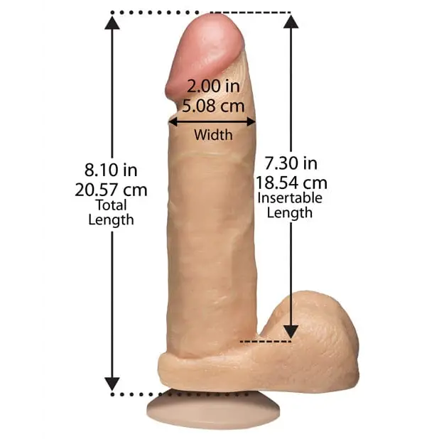 The Realistic Cock FIRMSKYN 8 Inch Dildo with measurements and balls displayed