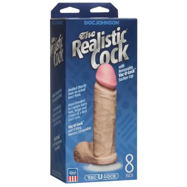 Close-up of The Realistic Cock FIRMSKYN 8 Inch Dildo with Balls in packaging