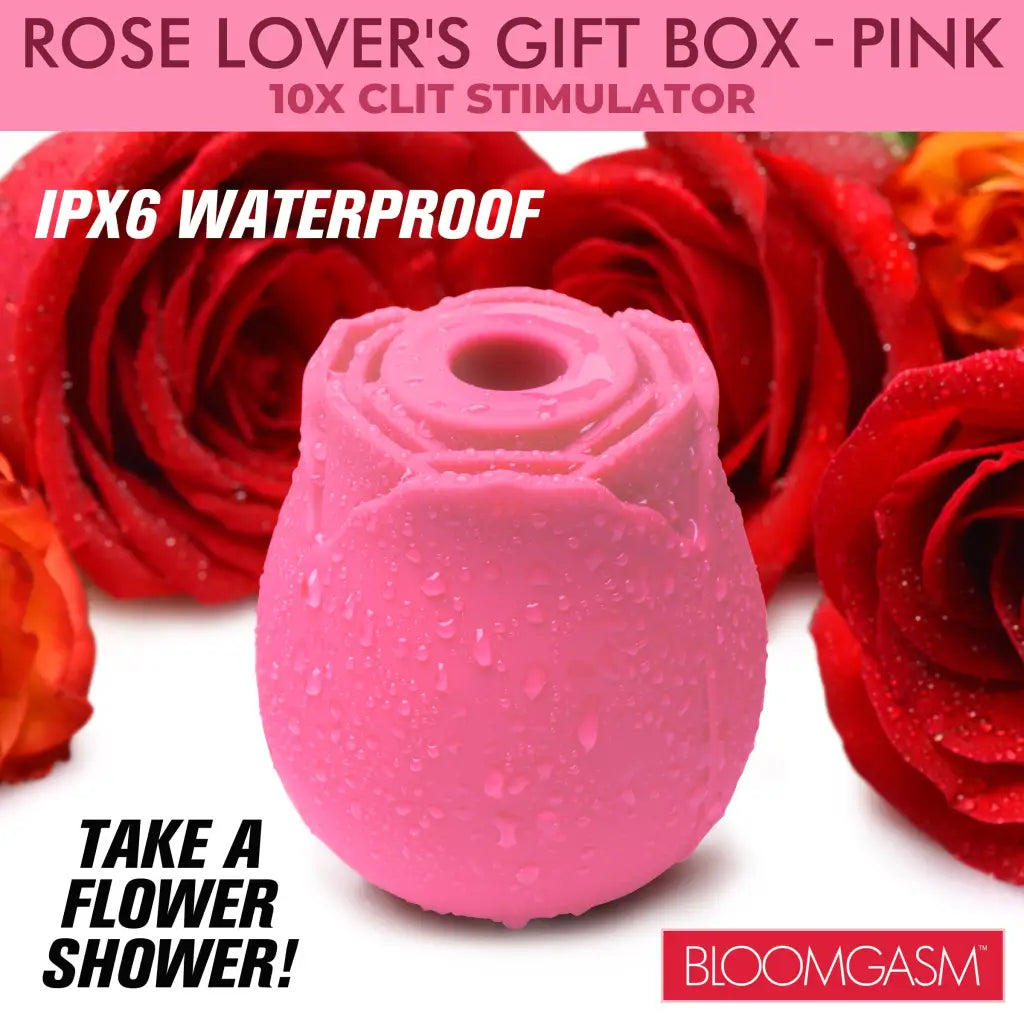 A pink rose flower with magnetic charging base in The Rose Lovers Gift Box 10x Clit Suction Rose