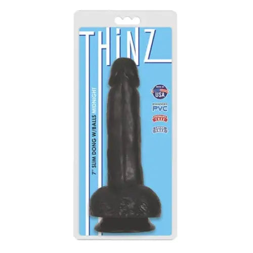 Thinz 7in Slim Dong w/Balls Midnight - Black adult toy in retail packaging