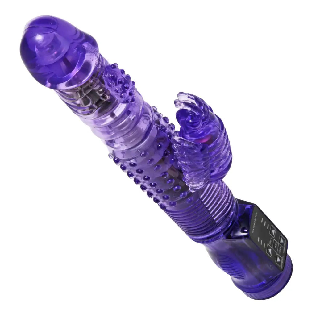 Thrusting Purple Rabbit Vibe with textured shaft and clitoral stimulator attachment