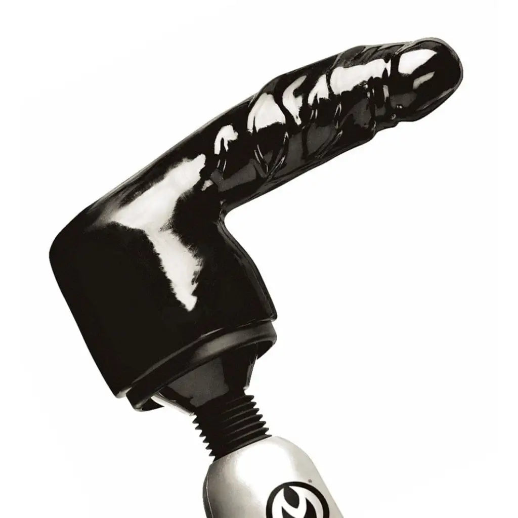 Thunder Shaft Penis Wand Attachment: Sleek black and white boomerang with logo on metallic base