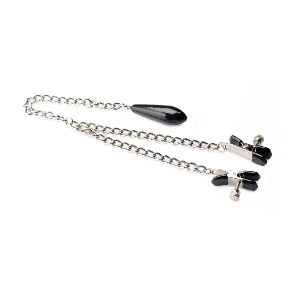 Titty Taunter nipple clamps with weighted bead and black teardrop pendant on a silver chain