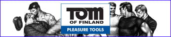 Black and white graphic banner for Tom Of Finland Enema Delivery System featuring male figures.