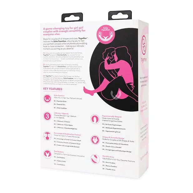 Pink box with pink and black package of Together Couples’ Double-Ended Rabbit Vibrator with Echo Function