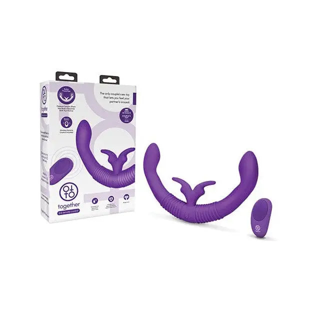 Close-up of Together™ Couples’ Double-Ended Rabbit Vibrator with box and wireless remote