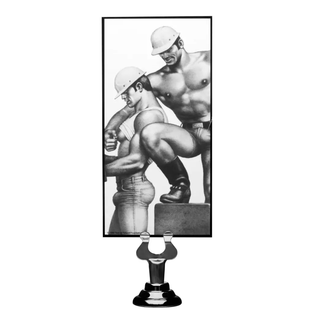 Black and white illustration of two shirtless men on stand, Tom of Finland 3 Piece Cock Nuts