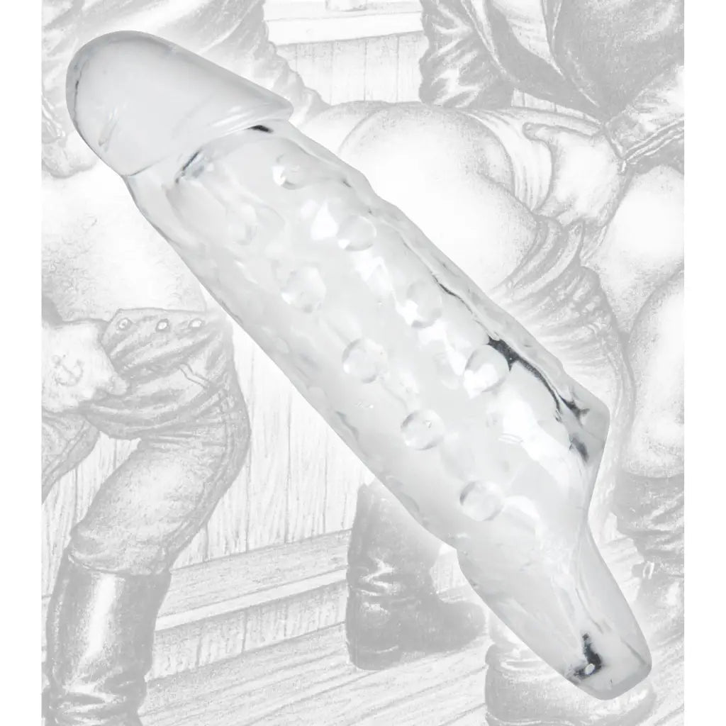 Tom Of Finland Clear Realistic Cock Enhancer shaped like a textured cucumber with rounded tip