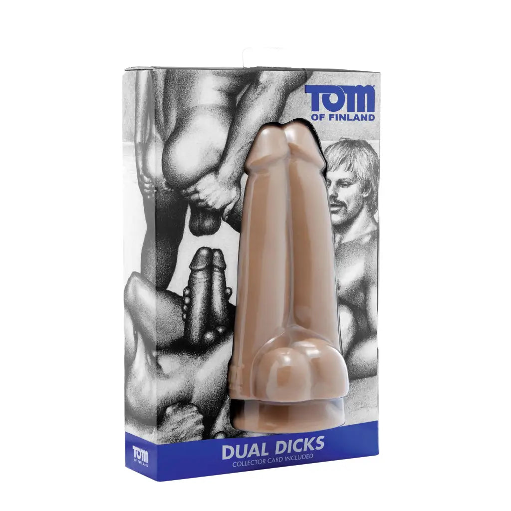 Tom of Finland Dual Dicks Dildo: Flesh-colored phallic toy in erotic packaging