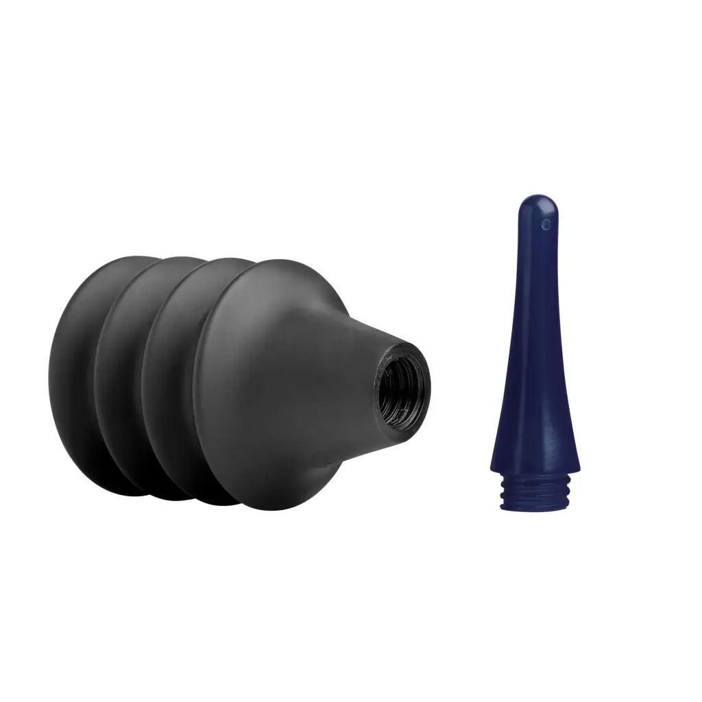 Tom Of Finland Enema Delivery System: Ribbed black rubber attachment with blue plastic tip