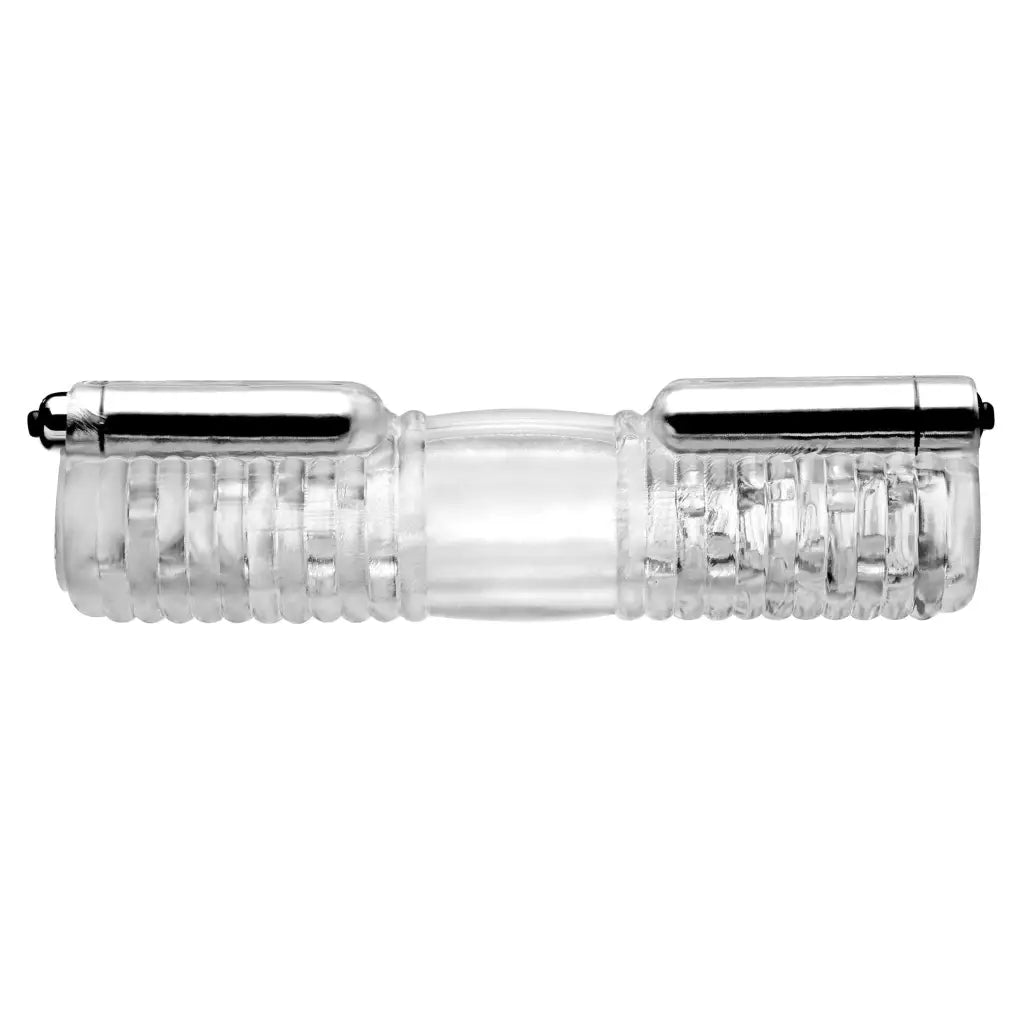 Tom Of Finland Head Vibrating Sleeve - Transparent cylindrical device with metal caps