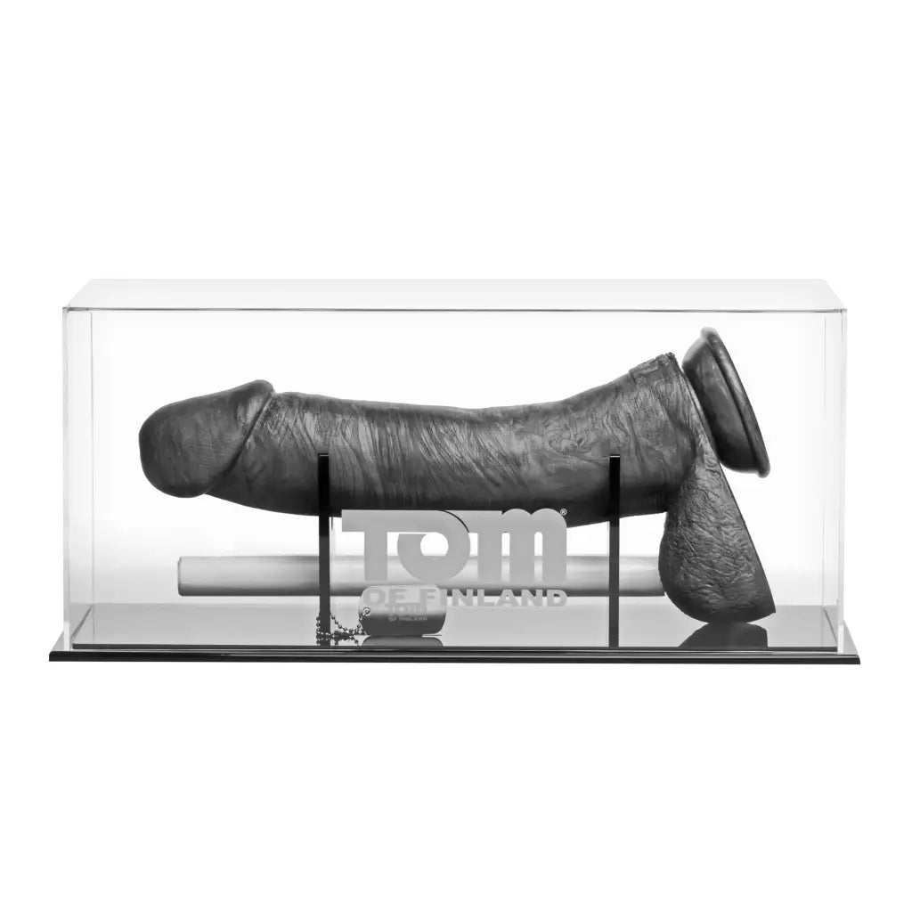 Tom Of Finland Kake Cock 12 Inch Silicone Dildo displayed in clear case with descriptive text