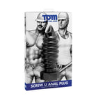 Tom Of Finland Screw U Silicone Anal Plug: black spiral-shaped anal plug in packaging