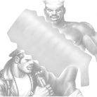 Stylized black and white illustration of muscular men promoting Tom Of Finland Stroker Sheath