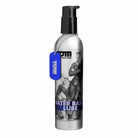 Silver bottle of Tom Of Finland Water Based Lube - 8 Oz with black pump and blue tag