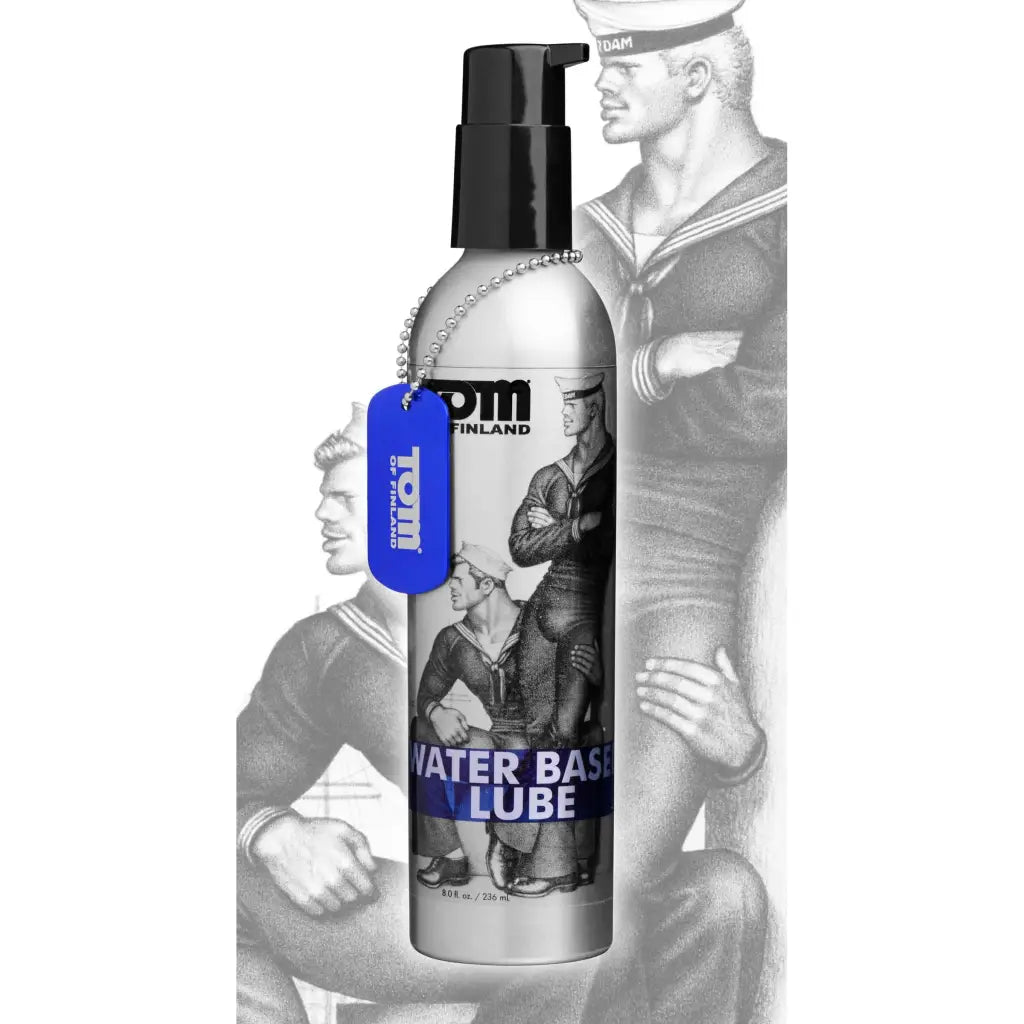 Bottle of Tom Of Finland water-based lube with sailor-themed artwork, 8 Oz water based lube