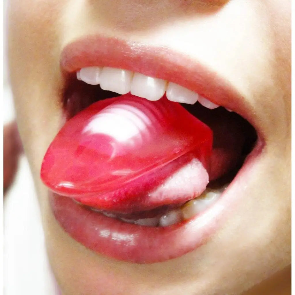 Glossy red strawberry held between lips with Trinity Lick It! Silicone Tongue Vibe