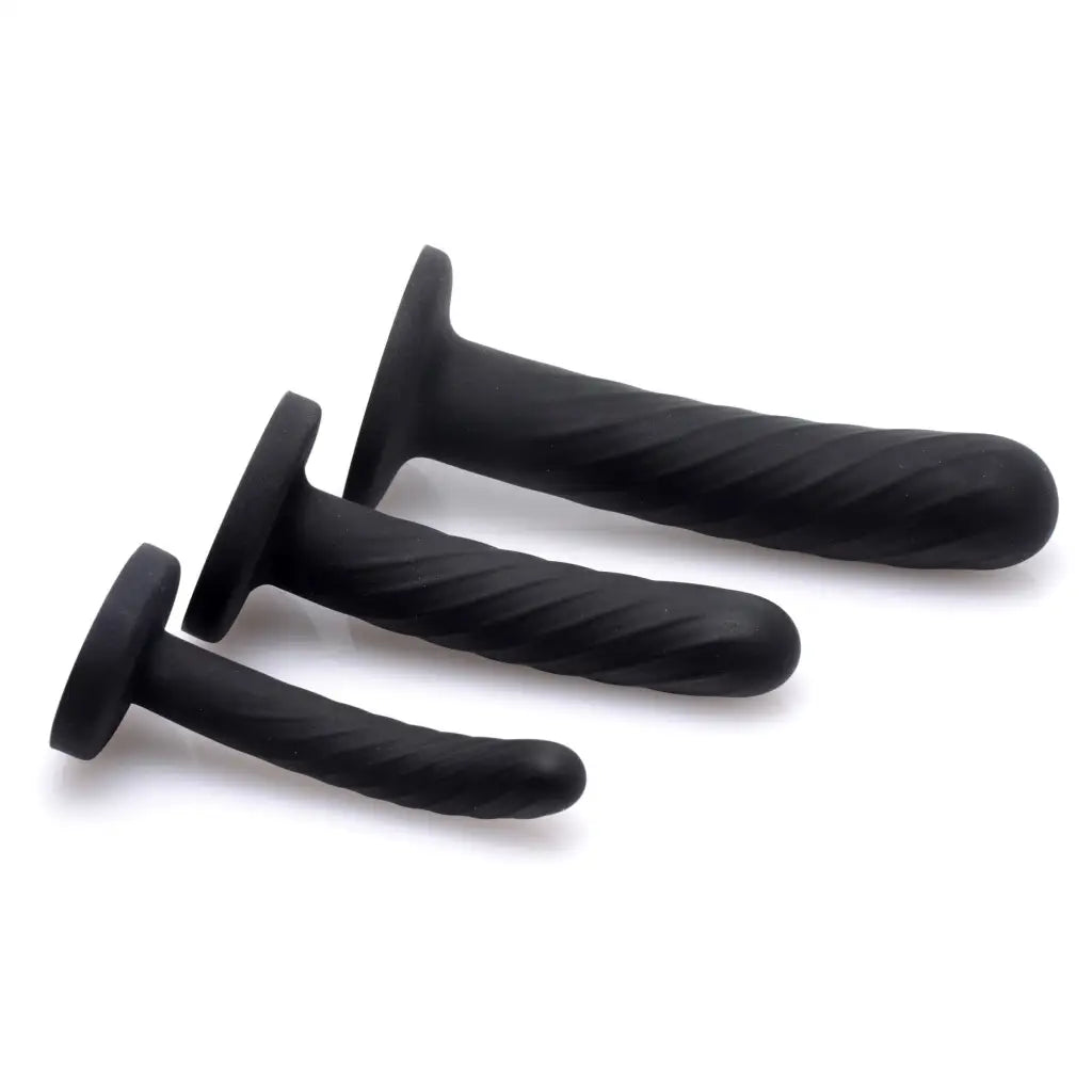 Black plastic handles from Trinity Strap-on Silicone 3 Piece Dildo Set