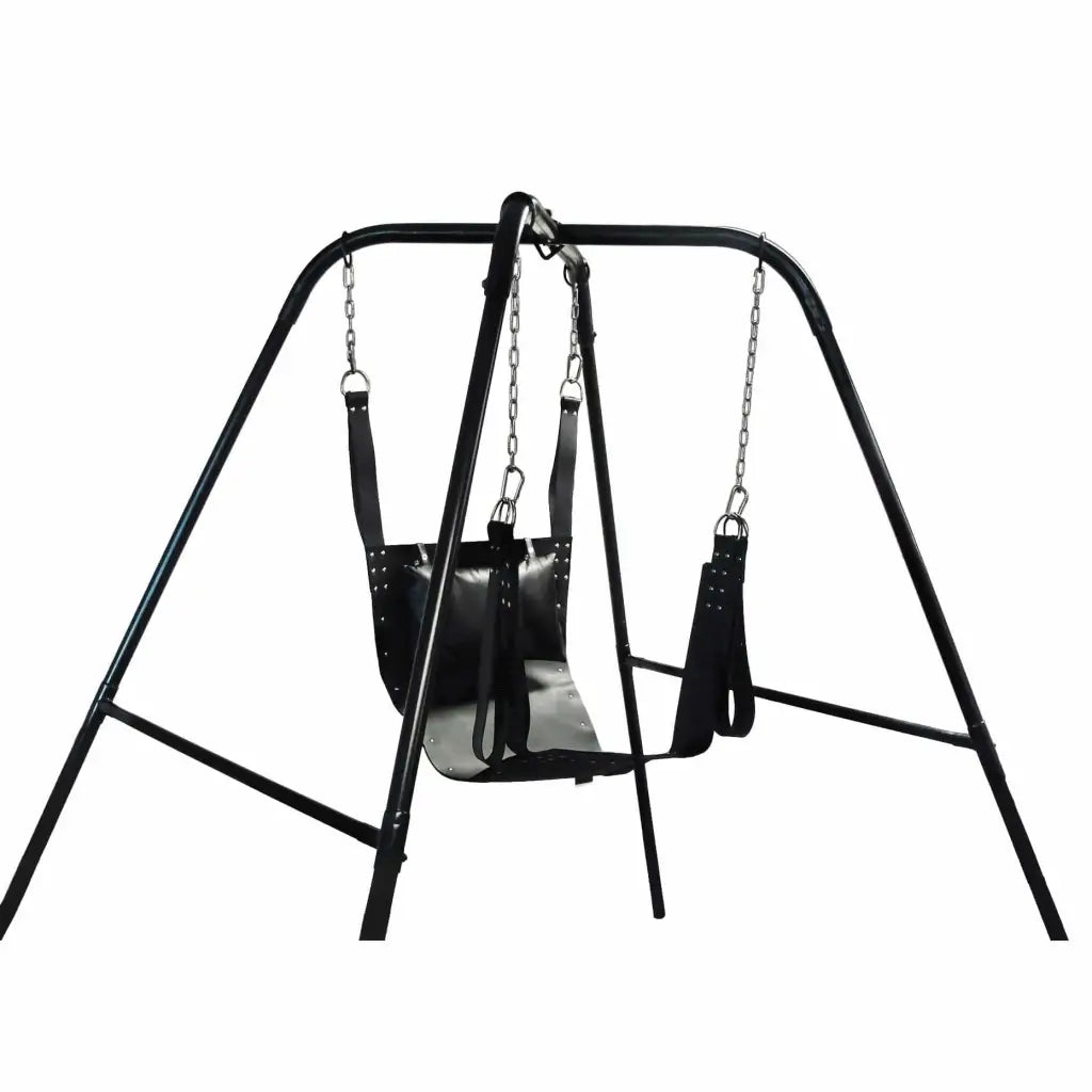Close up of Trinity Vibes Ultimate Sex Swing Stand with seat and bag