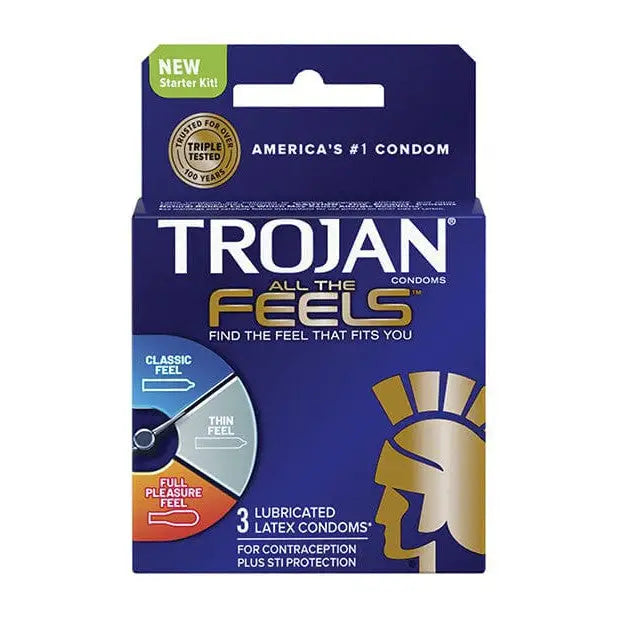 Trojan All The Feels Condoms - Pack of 3 with All-in-One Pain Treatment Strips