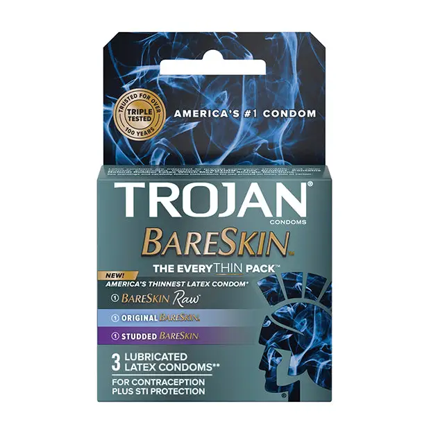 Trojan Bareskin EveryThin 3-Pack - Bareskin Raw Original and Studded - Condoms