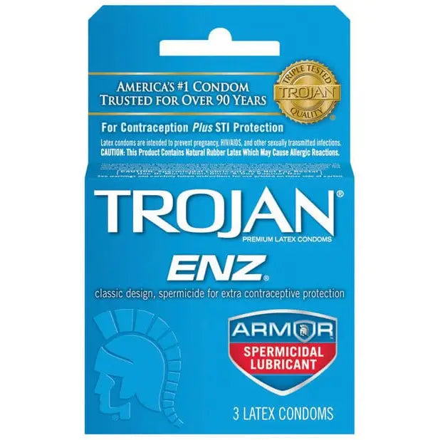 Trojan ENZ Spermicidal Lubricated Condoms - Box Of 3 Tablets displayed in packaging