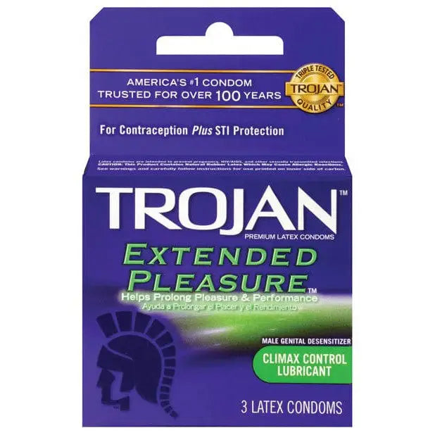 Trojan Extended Pleasure Condoms with ’Trojan Extended Flo - Free Lue’ displayed on packaging