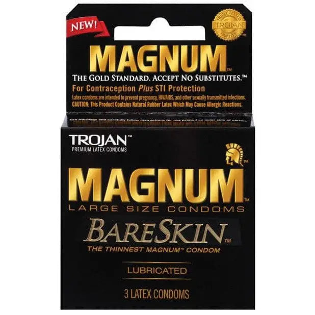 Trojan Magnum Bareskin Condoms showcasing ’trojan maximum’ multiple times in a product display