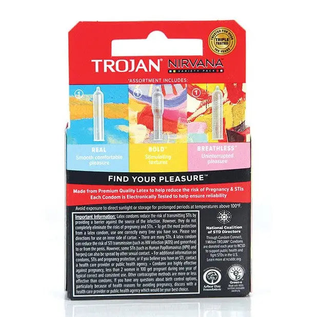 Close-up of toothbrush packaging on white surface with Trojan Nirvana featuring original artwork