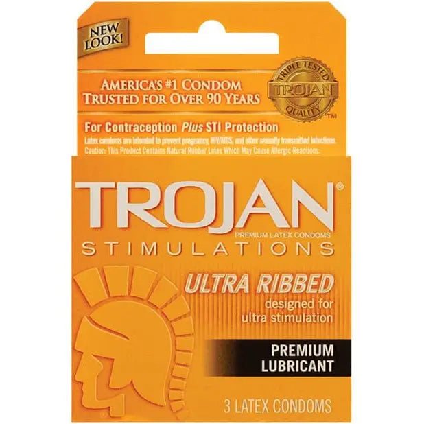 Trojan Ribbed Condoms - Box Of 3: Trojan Striated Lut, 1.5 ml displayed in packaging