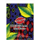 Close-up of a Trust Flavored Latex Dental Dams poster featuring a lipstick